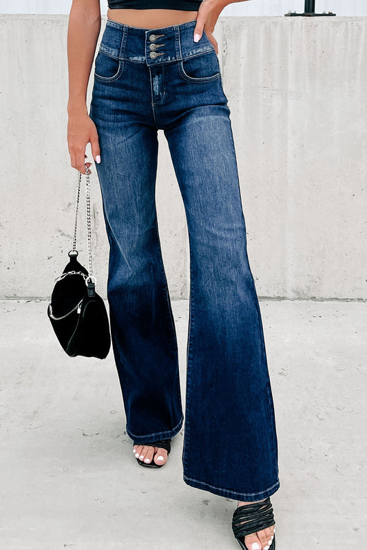 Blue Buttons Elastic Wide Waistband Back Flare Jeans - Simply Me Designs